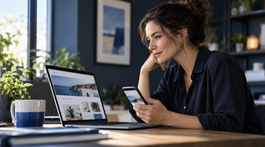 Small business owner reviewing a website on a laptop and smartphone.